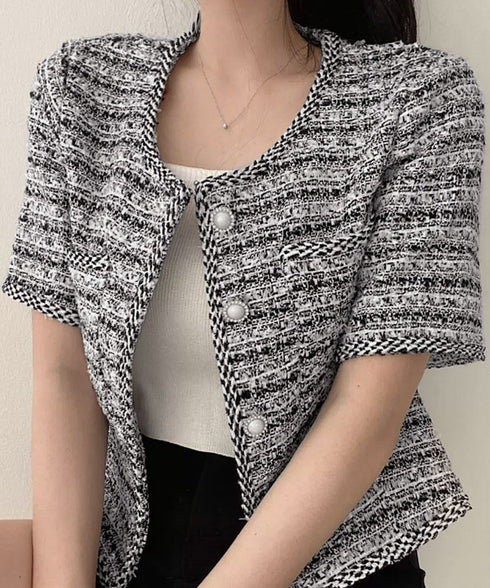 ツイード風ジャケットノーカラージャケット レディース パールボタン オフィス夏服 ショート丈アウター フォーマル カーディガン きれいめ羽織り サマージャケット夏 86SSJL-022